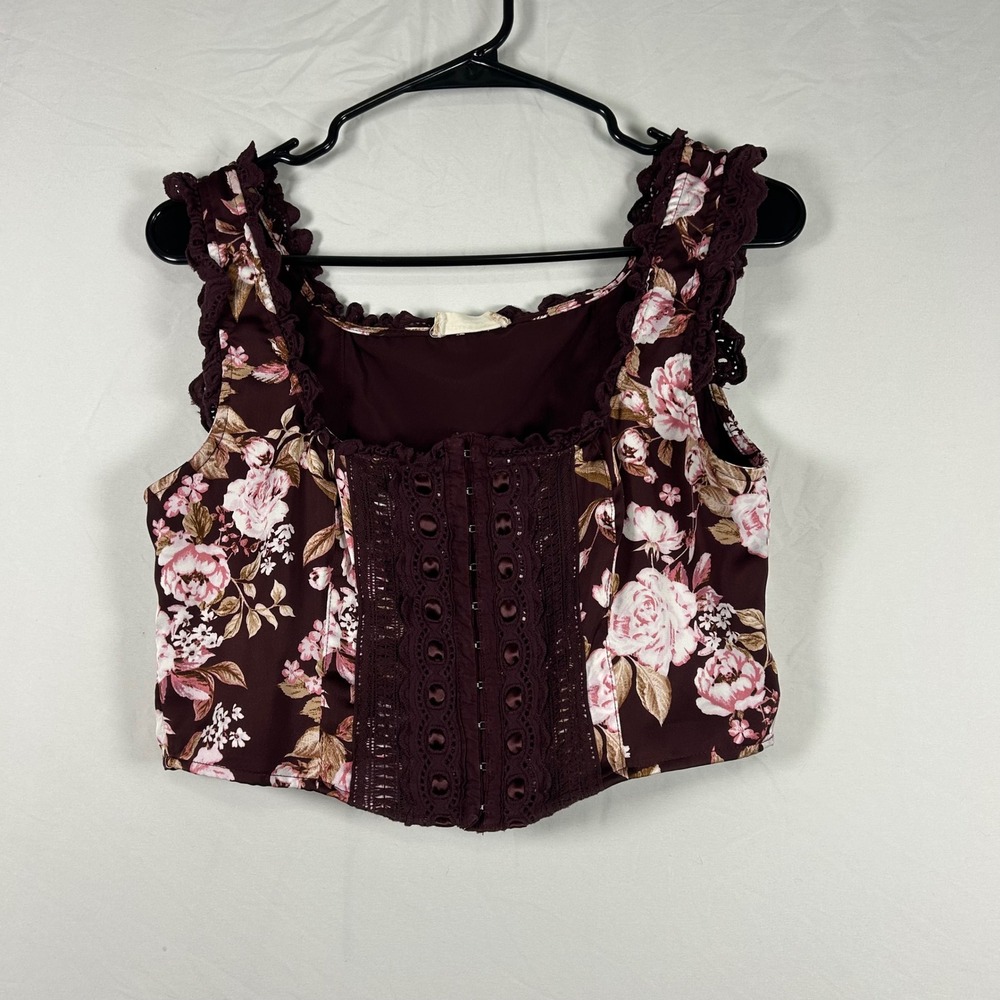 Altar'd State Corset Top Womens Medium Burgundy Floral Eyelet Lace Trim Crop